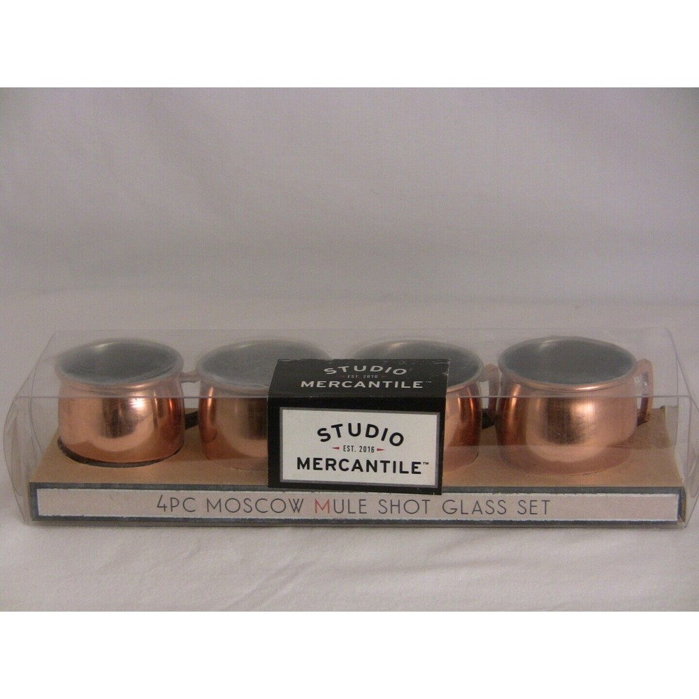 Gift Set of 4 Mini Copper Moscow Mule Mug Shaped Shot Glasses NIB
